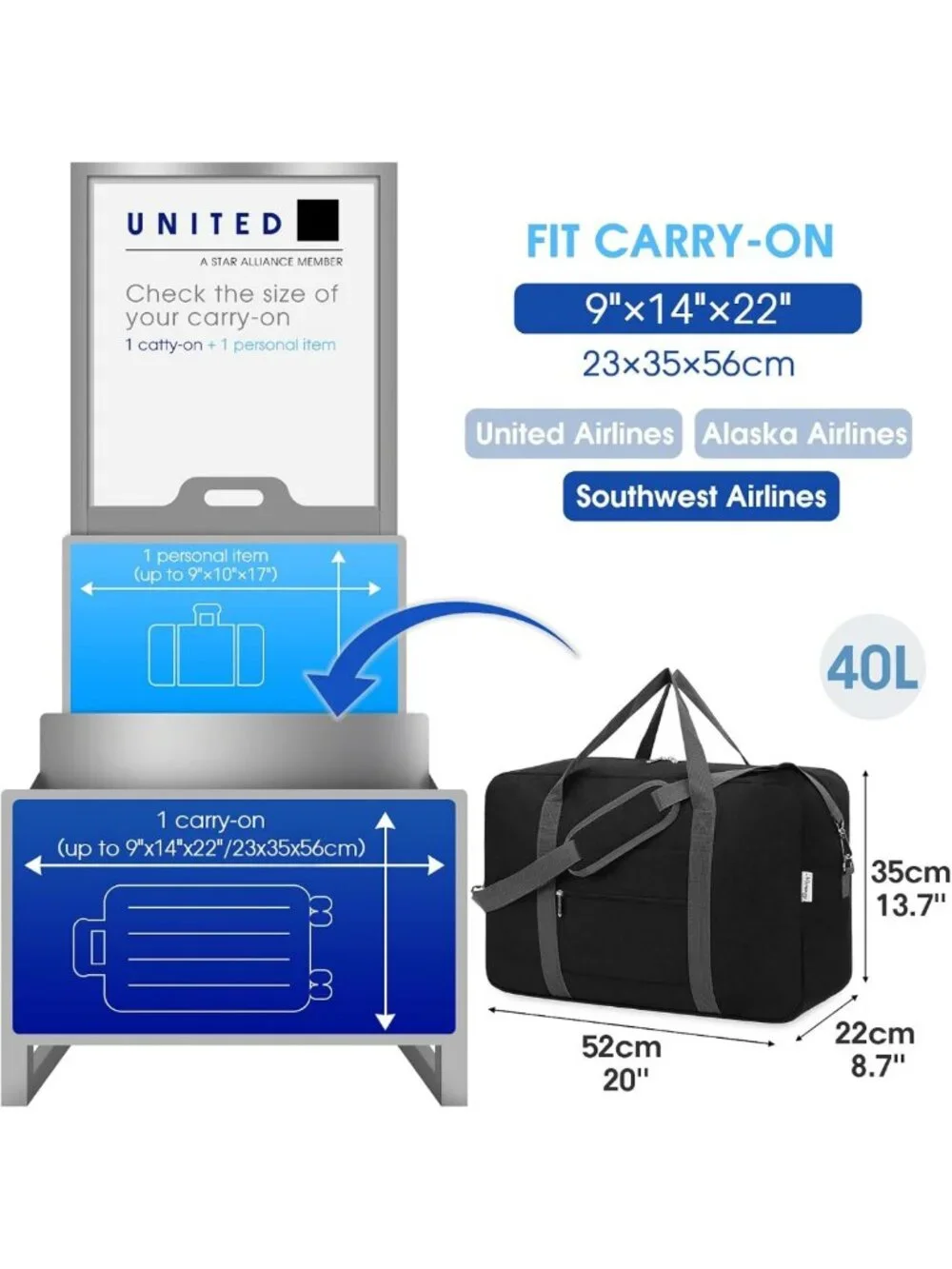 Airline Approved Foldable Duffle Bag 40L - Packable Travel Bag for Men & Women